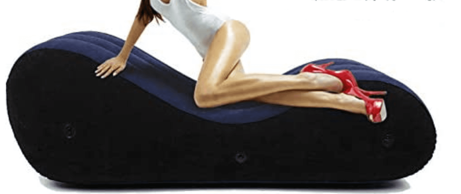 inflatable sex chair bed dark blue; beautiful model lying on it
