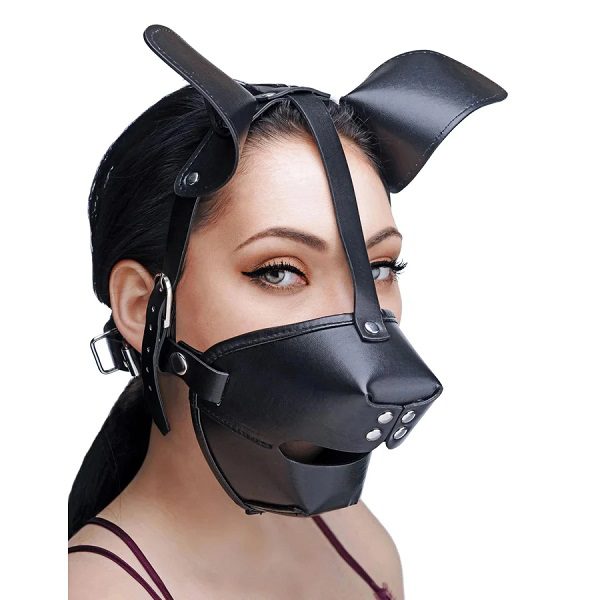 Woman wearing the Puppy Play Hood and Breathable Ball Gag
